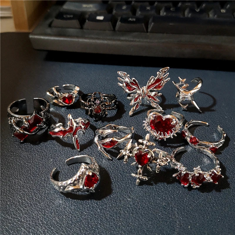 Irregular Red Crystal Glass Heart Aesthetic Rings