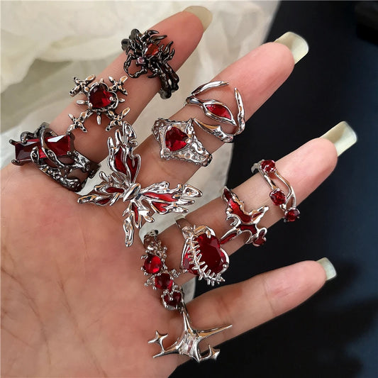 Irregular Red Crystal Glass Heart Aesthetic Rings